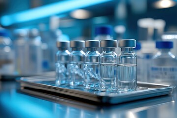 Six gleaming silver vials filled with clear liquid are neatly arranged on a metal tray in a well-lit laboratory environment