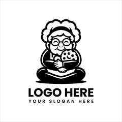 Bold retro bakery logo, cheerful grandma hugging cookies in a warm vintage-inspired emblem