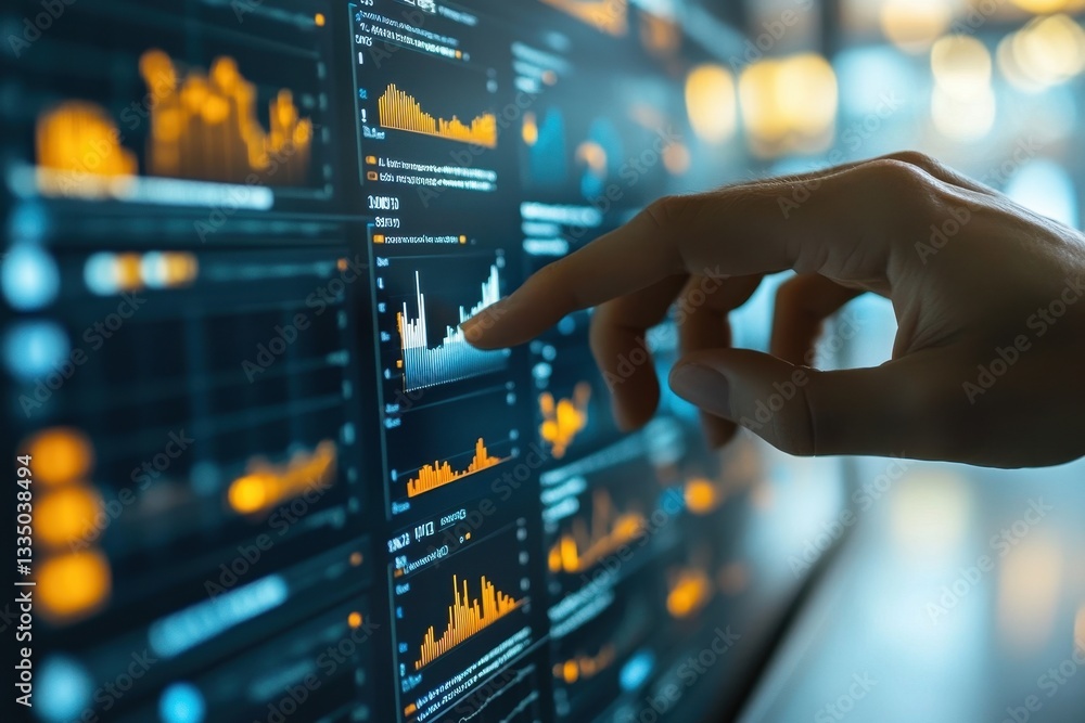 Poster detailed analysis of financial data displayed on a digital screen in a modern workspace during the e