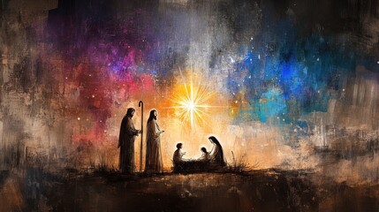 Boho Style Nativity Scene in Bethlehem Christmas Illustration with Holy Family, Baby Jesus, Joseph, Mary - Wallpaper or Banner