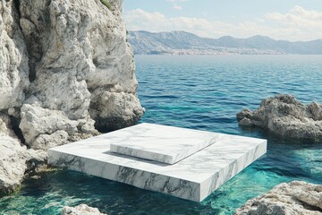 Marble platform floats in a crystal-clear ocean, nestled between rocky cliffs. Sunlight bathes the scene, creating a serene and elegant display area