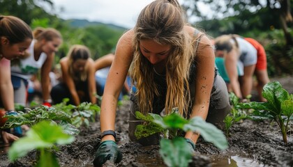 Two girls engage in a communal activity while washing clothes in a market area after rainfall in a rural setting