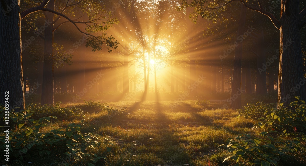 Poster sunlight streaming through forest trees at dawn creating a tranquil atmosphere