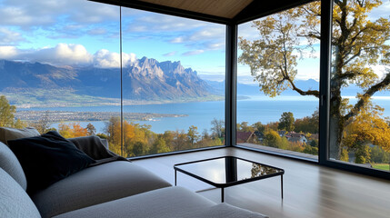 Fototapeta premium Scenic view of mountains and lake from modern interior with large glass windows near autumn trees