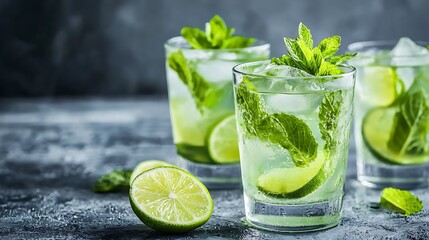 Fototapeta premium Refreshing Mojito Cocktails. Crisp, icy cocktails, bursting with fresh mint and lime. Perfect summer drink