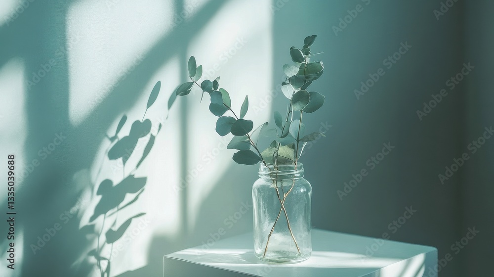 Aufkleber eucalyptus stems displayed in a clear glass jar on a geometric white shelf with soft shadows and nat
