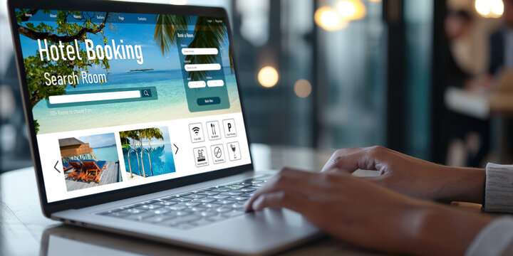 Online hotel accommodation booking website provide brisk reservation system . Travel technology concept .