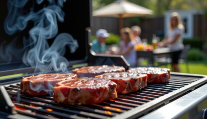 A close-up shot of raw beef being cooked on a charcoal grill with visible flames