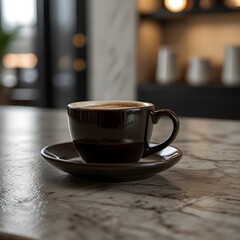 Fototapeta premium This image shows a dark brown ceramic mug and saucer, with the mug filled with a light-colored beverage, likely coffee or tea. The set is placed on a textured, light-colored surface. The background is