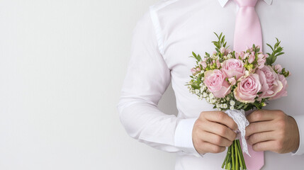 man in pink shirt holds bouquet of pink roses, symbolizing love and celebration