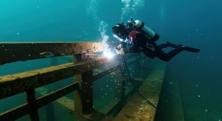 Underwater welding diver in action on rusty metal structure