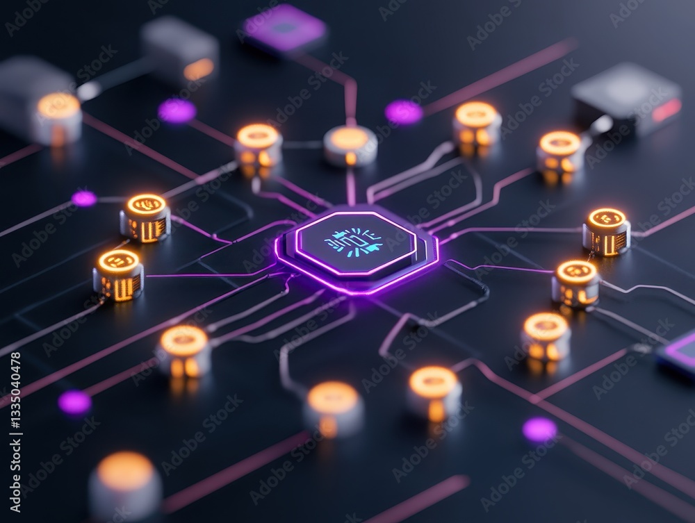Poster abstract representation of a futuristic circuit board with glowing nodes and connections