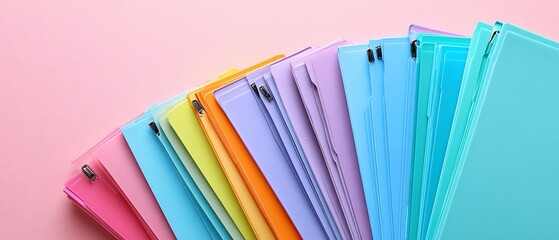 Colorful files fanned open on pink surface, organized for study, office, school