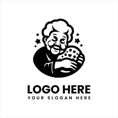 Bold retro bakery logo, cheerful grandma hugging cookies in a warm vintage-inspired emblem