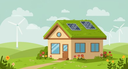 Naklejka premium Eco-friendly home with solar panels and wind turbines in serene landscape