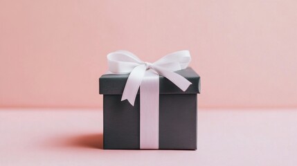 Obraz premium Elegant Gray Gift Box with White Ribbon Against Soft Pastel Pink Wall Capturing the Essence of Simplicity and Style for Perfect Presentations