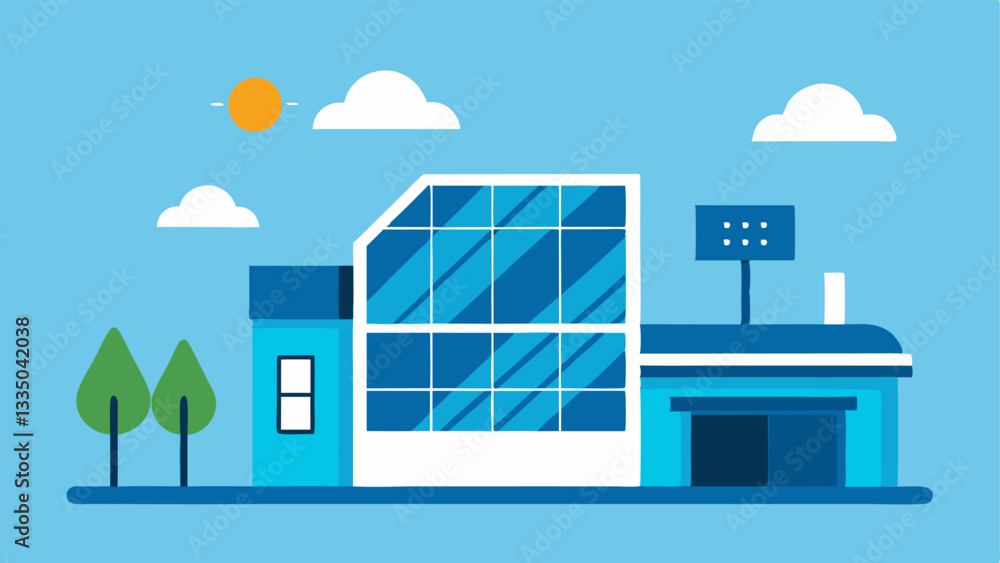 Poster renewable energy integration a vector drawing of a building with solar panels and smart glass depict