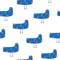 Seamless pattern with funny fashion blue bird. Kids print. Vector hand drawn illustration.