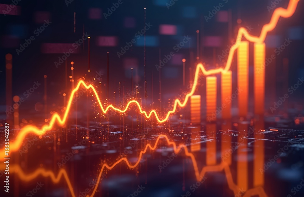Leinwandbilder Stock market chart with an upward trend. Illustration of stock exchange data visualization with increasing columns and line graph, on dark background. Investment and finance concept.