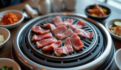 A close-up shot of raw beef being cooked on a charcoal grill with visible flames