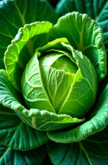 Obraz premium Close-up of a head of bright green cabbage. Horizontal concept of a desktop background