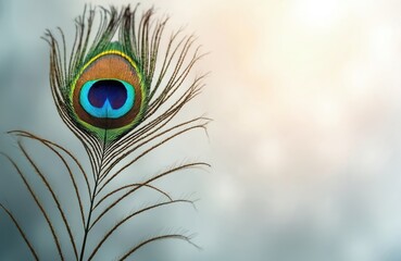 Obraz premium Close-up of vibrant peacock feather on blurred background. Rich texture with blue, green, brown colors. Feather detail, elegant nature art. Symbolizes beauty, hope, zen. Space for text.