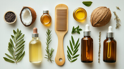 Natural hair care products with coconut and wooden comb

