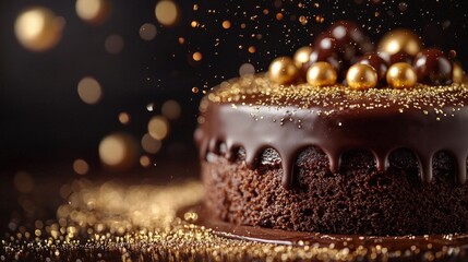 Decadent Chocolate Cake with Gold Sprinkles and Bokeh Background for Celebrations and Events