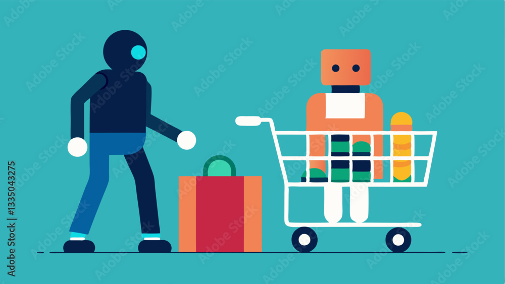 Poster robot with a shopping cart a robot is pushing a shopping cart filled with groceries while assisting 