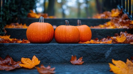 Autumn pumpkins on dark stone steps