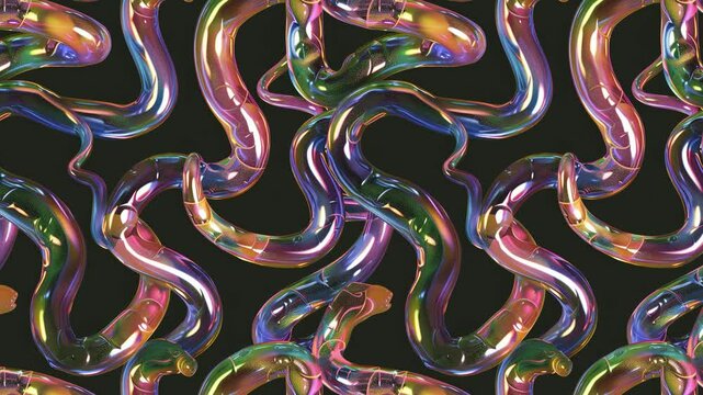 Seamless looping video pattern of glossy, colorful intertwined tubes on a dark background.
