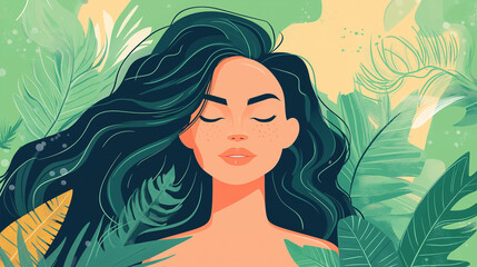 Woman with closed eyes enjoying nature surrounded by tropical plants
