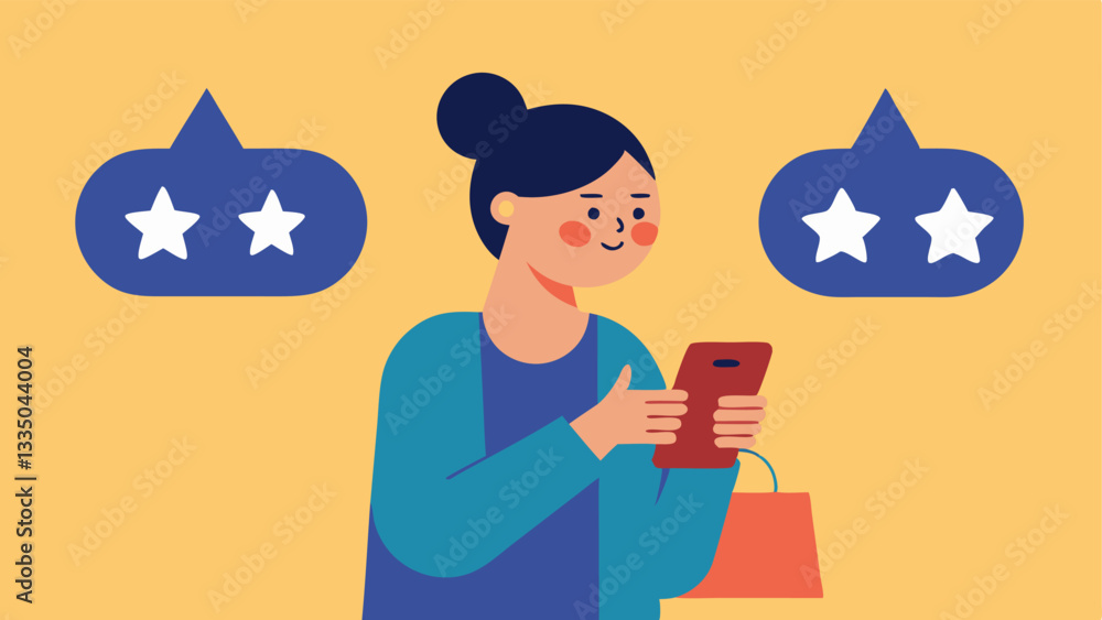 Poster online shopping decision a shopper looking at their phone with a puzzled expression while surrounded