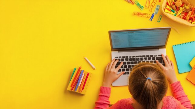 Child working on a laptop surrounded by various colorful supplies