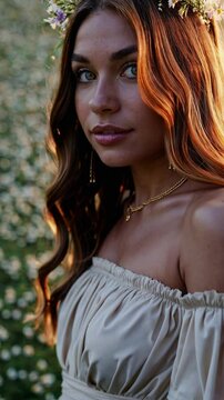 A radiant woman embodying spring steps forward, her golden skin glowing, hair woven with blossoms, and every touch awakening nature as the world comes alive around her.