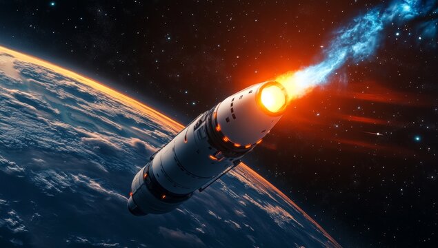 Rocket launch into space, fiery exhaust over Earth - Powered by Adobe