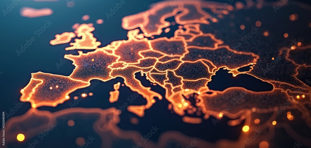 Aufkleber europe map with glowing city connections global digital transformation. orange connections between c