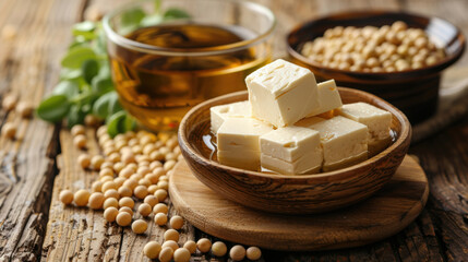 Fototapeta premium Soy grains and soybean oil in composition with other soy products - tofu and soy sauce. Everything is on old wooden table, creating cooking atmosphere. On cracked surface. Rustic style. Copy space.