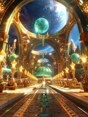 Fototapeta premium Futuristic Fantasy Architecture with Cosmic Elements: A 3D Render of an Otherworldly Interior Space with Green Hues and Blue Tones, Ethereal Light, Stars and Planets