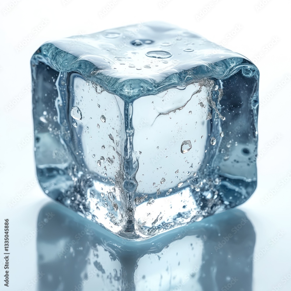 Poster clear ice cube rests on reflective surface. cold glacial block melts slowly with water drops. perfec