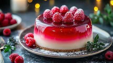 Delicious Raspberry Jelly Cake with Cream Layers and Fresh Berries on a Decorative Plate