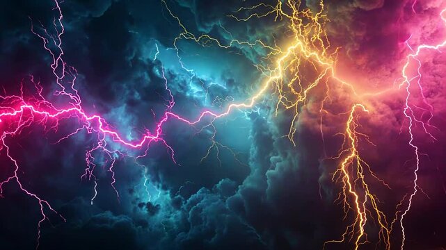 Dramatic Stormy Sky with Colorful Lightning Strikes - Visual Representation of Power