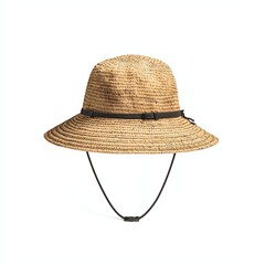 A straw sun hat with a black chin strap, perfect for outdoor activities and sun protection on a bright day.