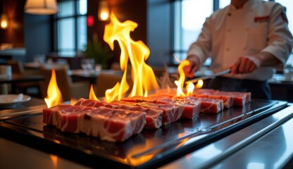 A close-up shot of raw beef being cooked on a charcoal grill with visible flames