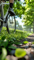 Low Angle Close Up Of Cyclist's Legs And Bicycle On Green Path