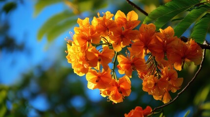 Vibrant Yellow and Orange Tropical Flowers Against Blue Sky Background