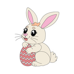 Isolated rabbit with Easter egg. Icon for stickers, print or embroidery. Vector illustration.