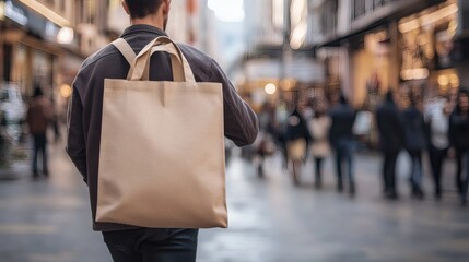 Fototapeta premium Person Walking On A Street With A Tote Bag Over Shoulder