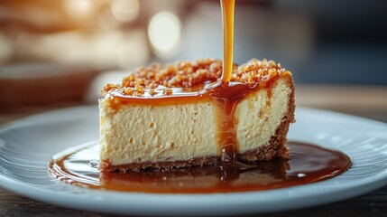 Delicious Slice of Creamy Cheesecake with Caramel Sauce Dripping and a Crumbly Crust on a Plated Dessert