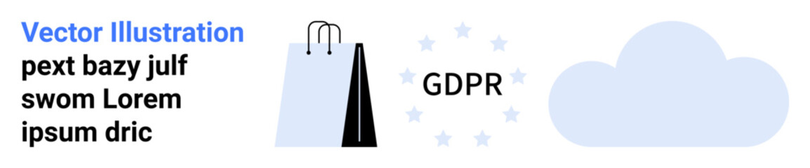 Obraz premium Shopping bag, GDPR text encircled by stars, and cloud icon emphasize data privacy, compliance, and digital consumer rights. Ideal for e-commerce, cloud storage, cybersecurity, legal privacy